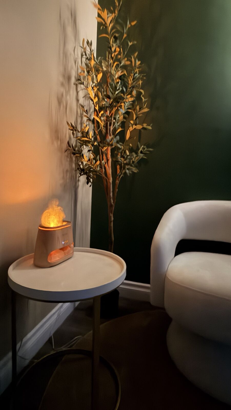 Cozy corner with an aroma diffuser, olive tree and armchair